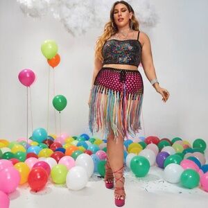 SHEIN Curve Swim Cover Up Crochet Fringe Hippie Rave Festival Skirt Plus Sz 2XL